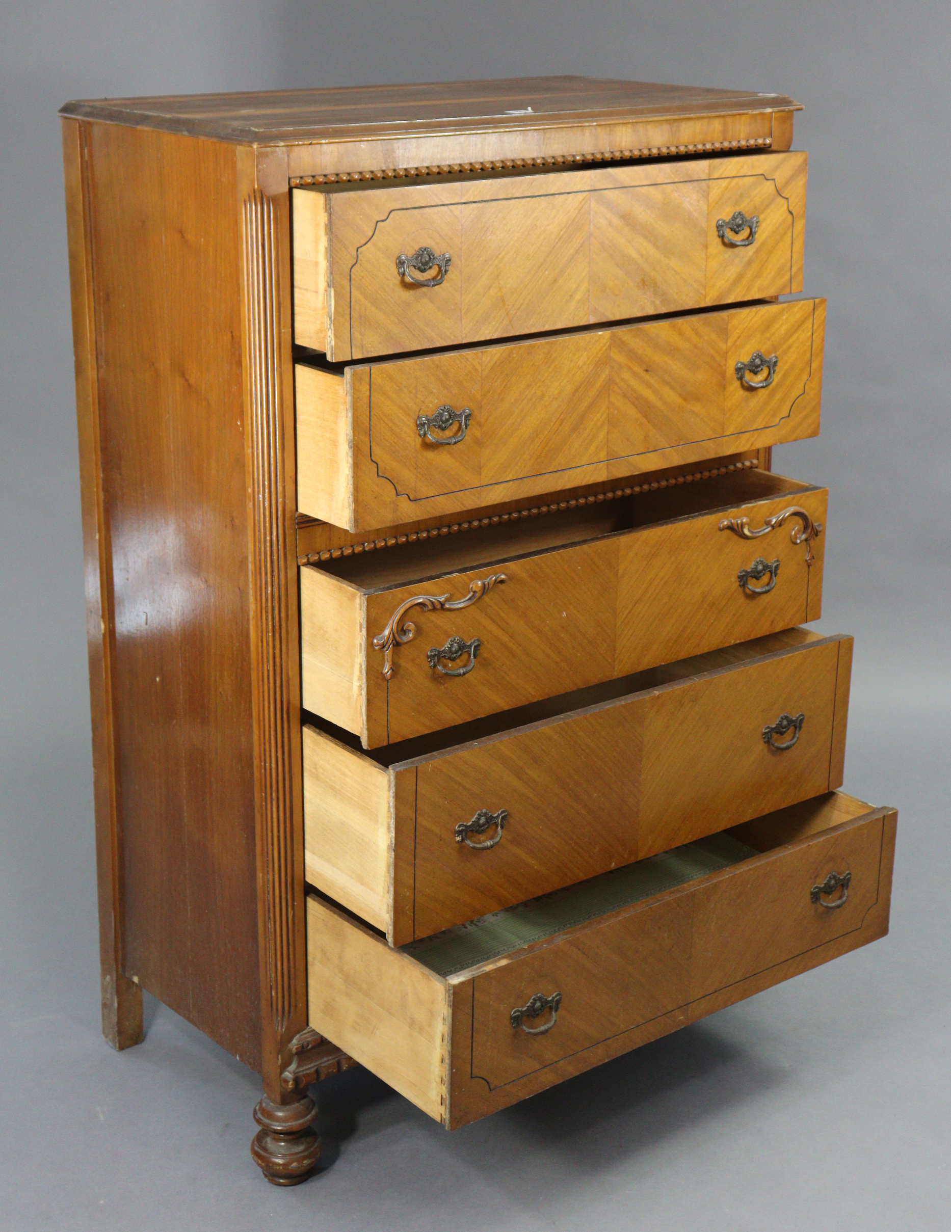 A walnut upright chest fitted five long drawers with iron swing handles, & on turned feet, 34” - Image 2 of 5