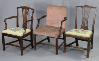 A Gainsborough-style elbow chair with a padded seat & back, & on square chamfered legs with plain