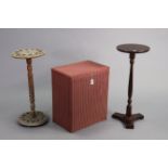 A Lusty’s Lloyd Loom pink painted linen box; & two small occasional tables.