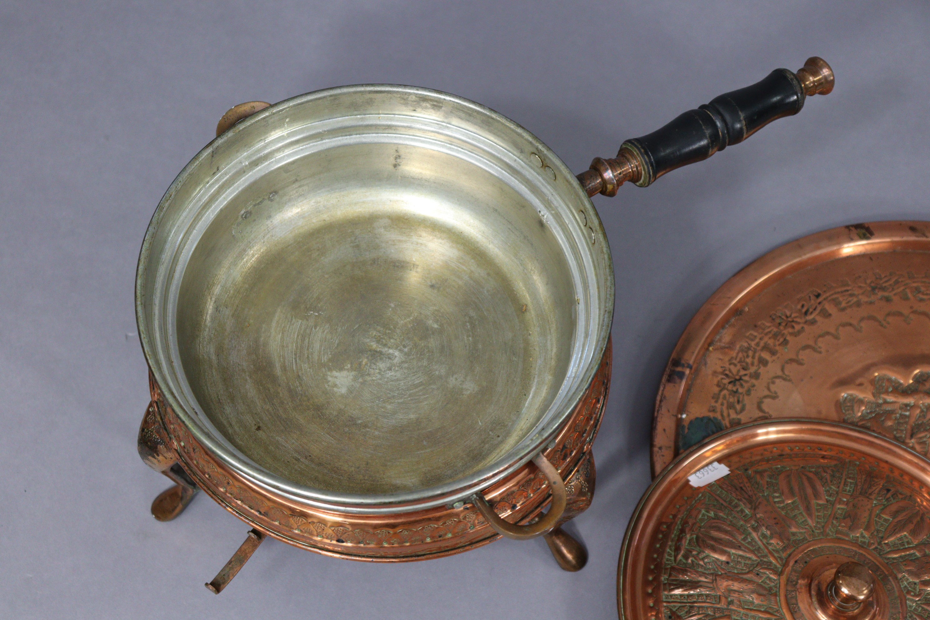 An Edwardian 8-day mantel clock in an inlaid-mahogany case, 7½” high; & a copper embossed cooking - Image 6 of 7