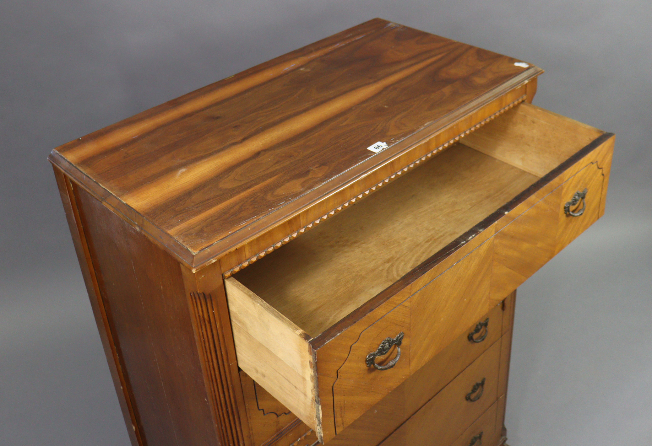 A walnut upright chest fitted five long drawers with iron swing handles, & on turned feet, 34” - Image 3 of 5