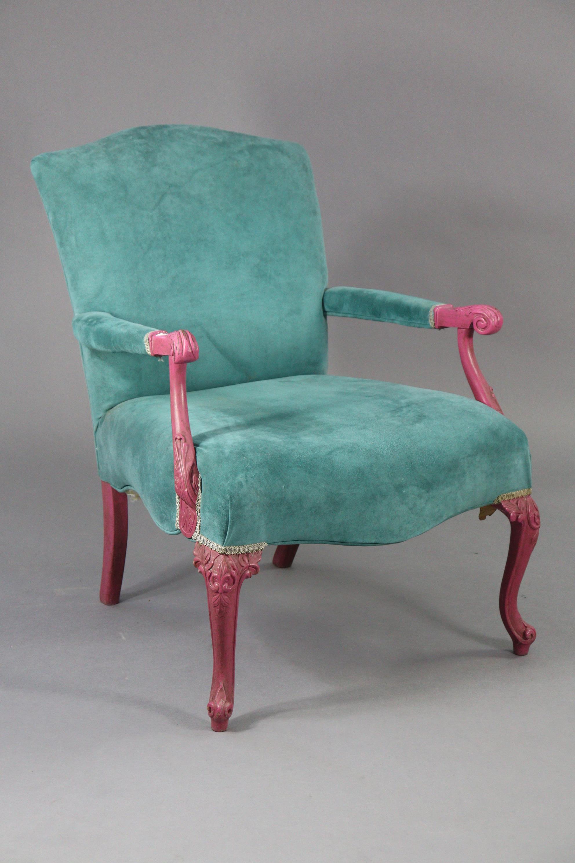 A Chippendale style painted wooden frame elbow chair with a padded seat & back upholstered blue velo - Image 2 of 6