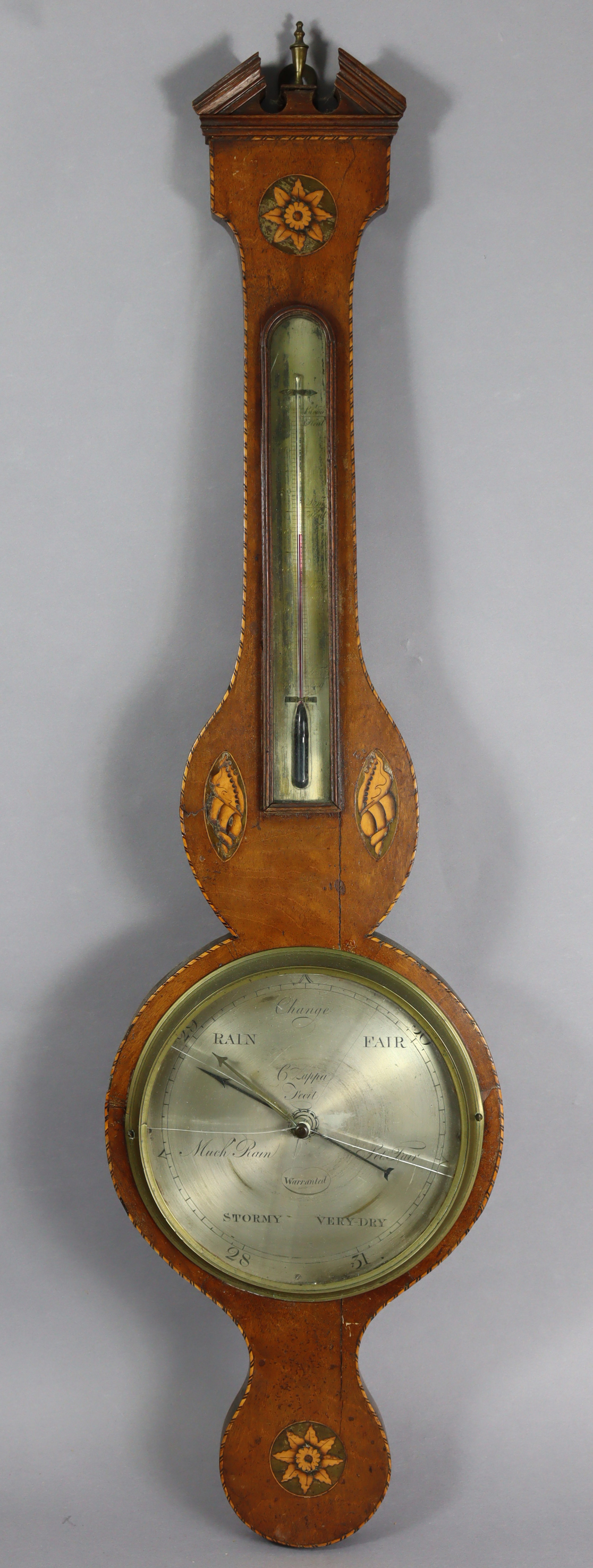 A 19th century marquetry inlaid walnut banjo barometer, the 8” silvered dial inscribed “C. Zappa