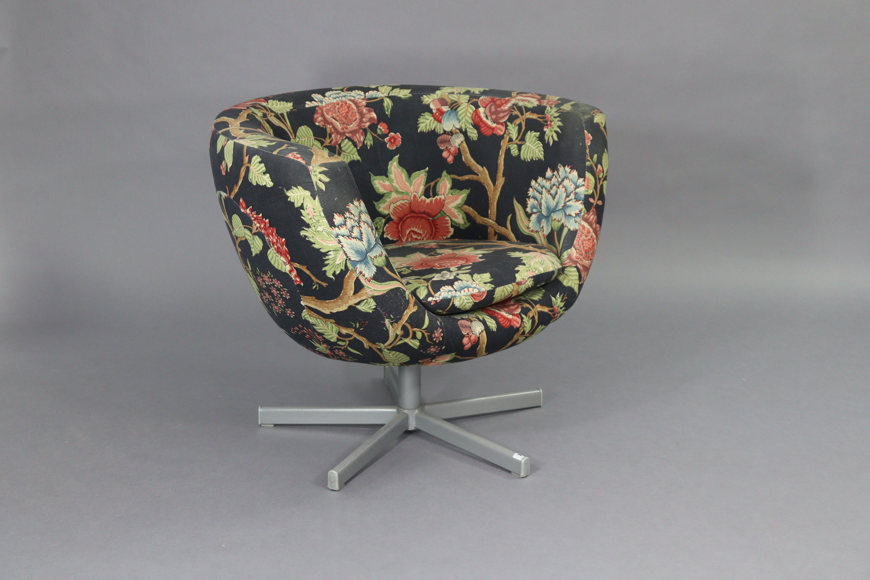 A 1960’s swivel tub-shaped chair upholstered multi-coloured floral material, & on silvered-metal - Image 2 of 4