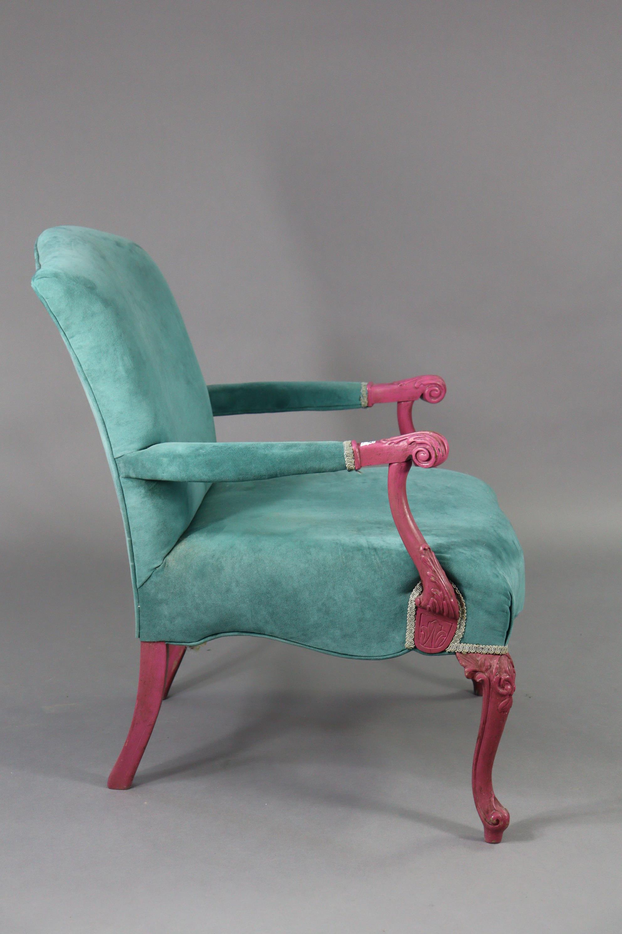 A Chippendale style painted wooden frame elbow chair with a padded seat & back upholstered blue velo - Image 3 of 6