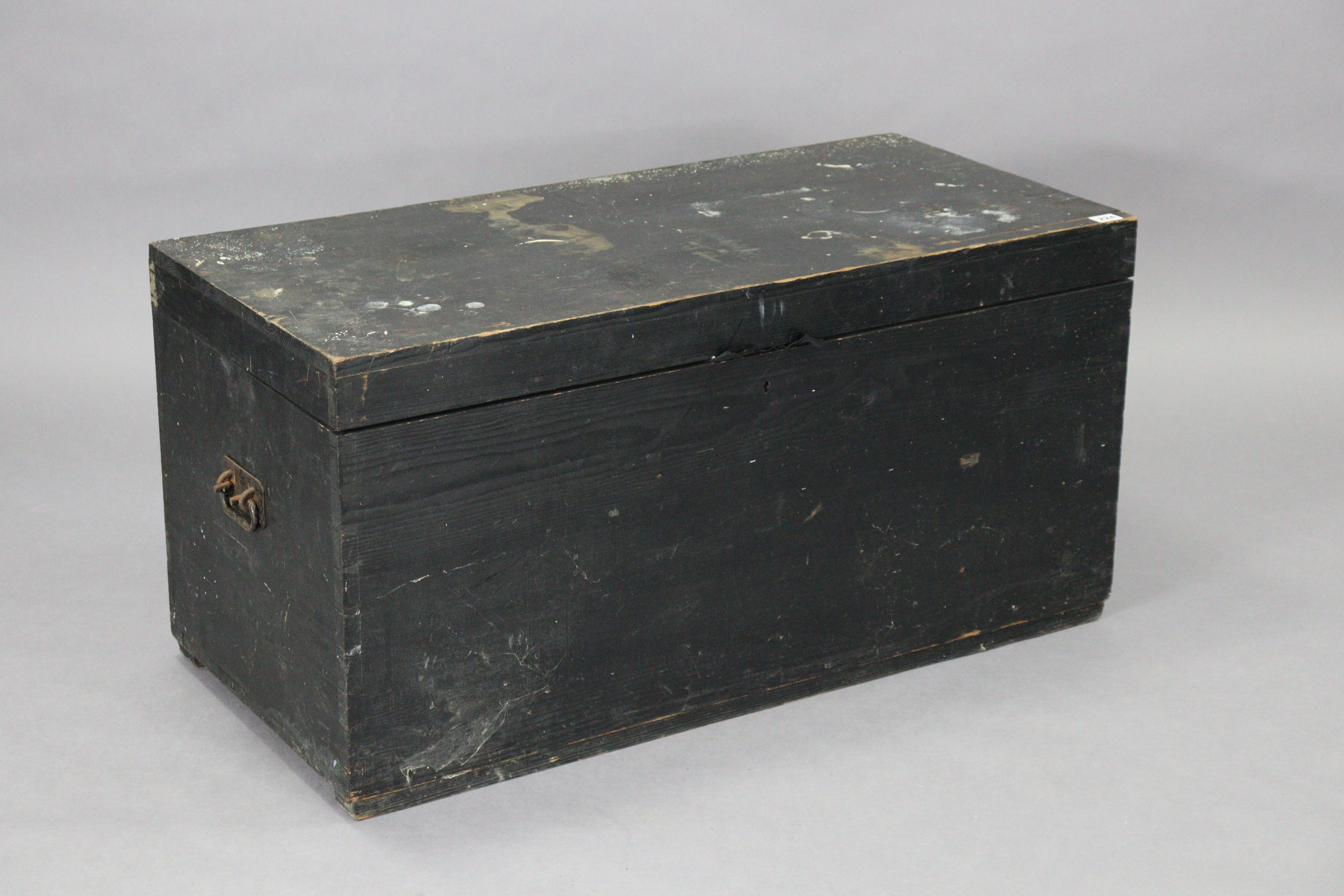 A black painted deal travelling trunk with a hinged lift-lid & with iron side handles, 38” wide; & a - Image 2 of 9