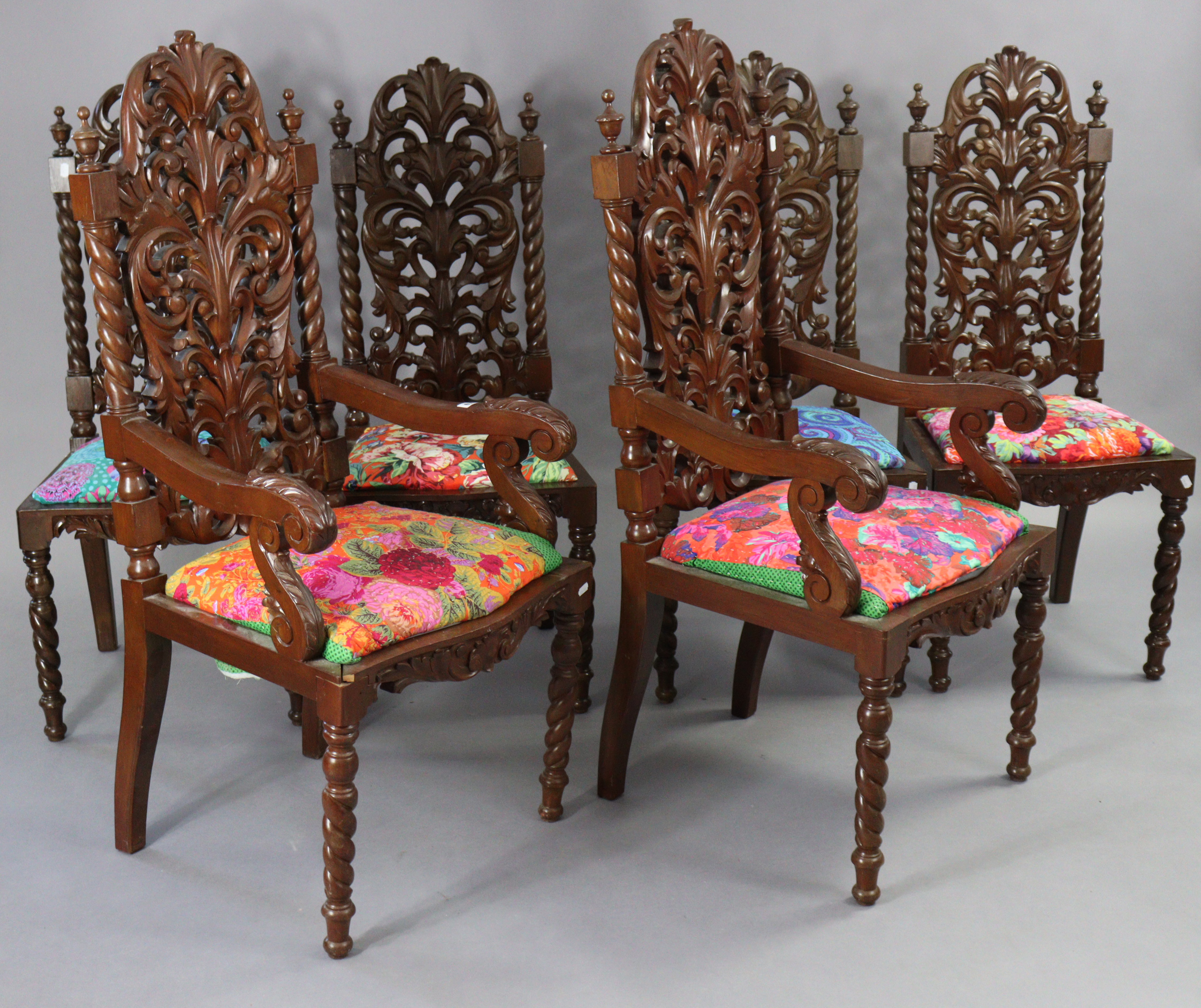 A set of six Carolean-style hardwood dining chairs (including a pair of carvers), each with a - Image 4 of 9