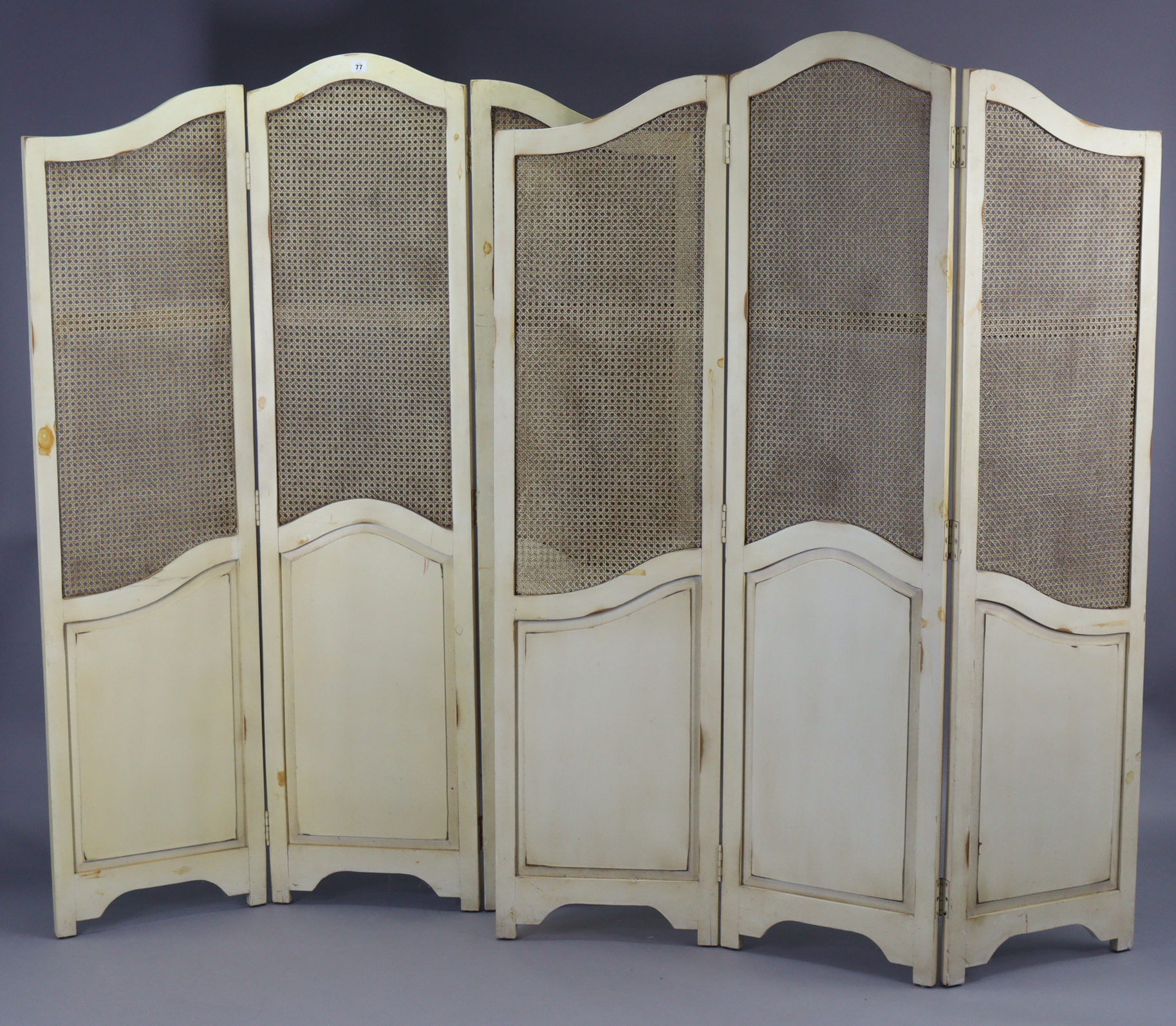 A pair of continental-style white painted wooden three-fold draught screens, each inset with woven- - Image 2 of 4