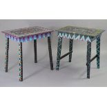 Two painted wooden tiki-style rectangular occasional tables, each on four square legs, 32” wide x