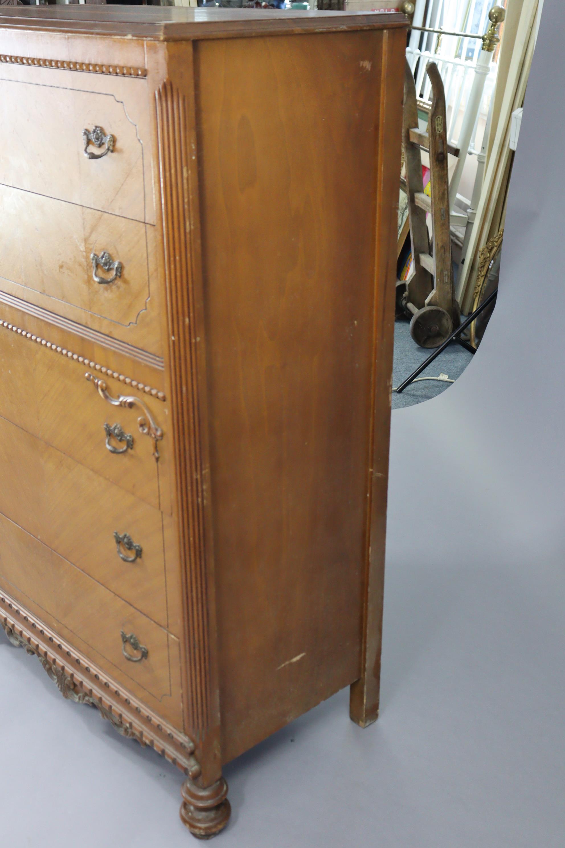 A walnut upright chest fitted five long drawers with iron swing handles, & on turned feet, 34” - Image 4 of 5