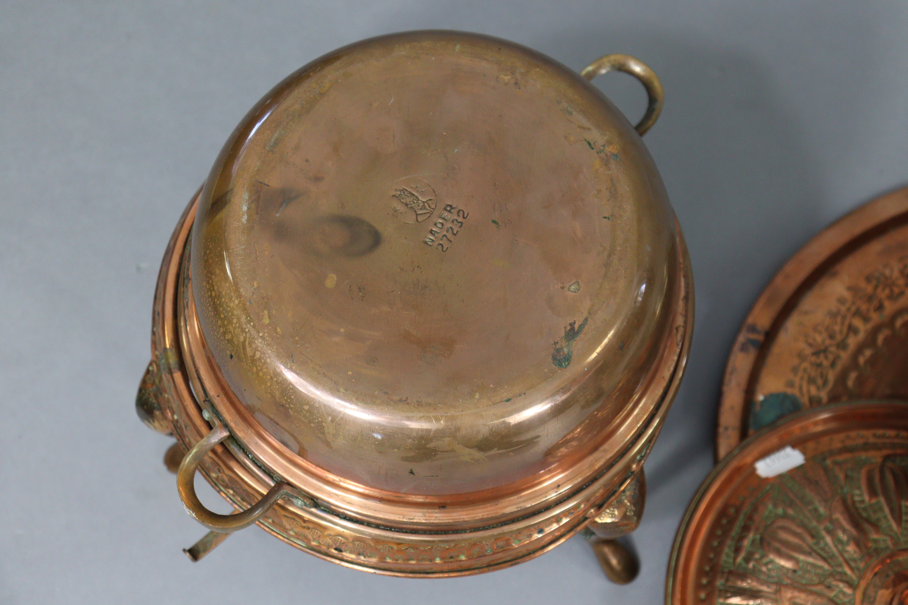 An Edwardian 8-day mantel clock in an inlaid-mahogany case, 7½” high; & a copper embossed cooking - Image 7 of 7