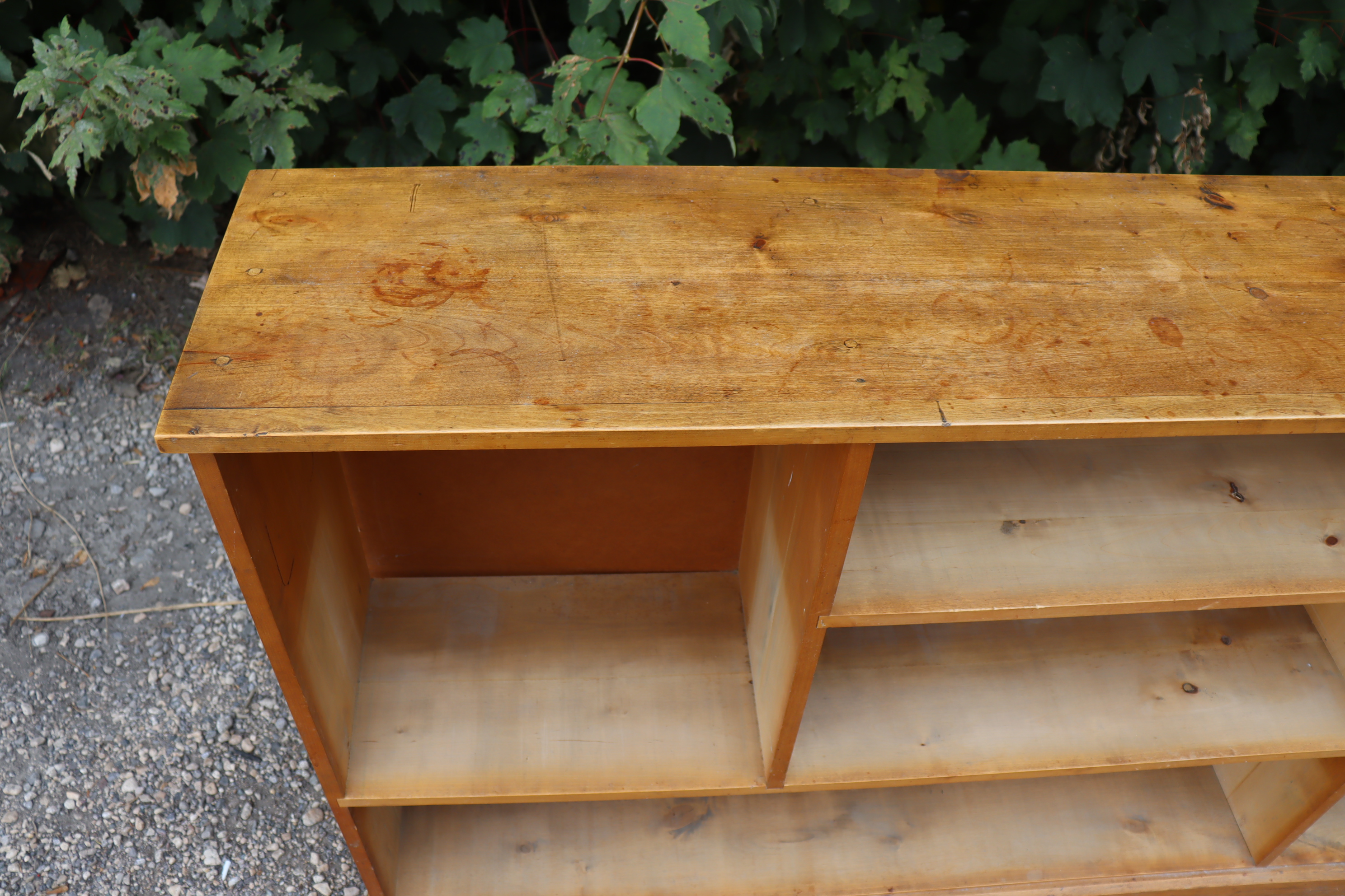 An elm dwarf standing long open bookcase with eight divisions, & on a plinth base, 97” long x 39” - Image 2 of 5