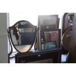 Two gilt frame oval wall mirrors; two swing dressing table mirrors; & various decorative pictures.