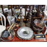 A pair of carved treen candlesticks, 18¼” high; & various other items of treenware, metalware, etc.