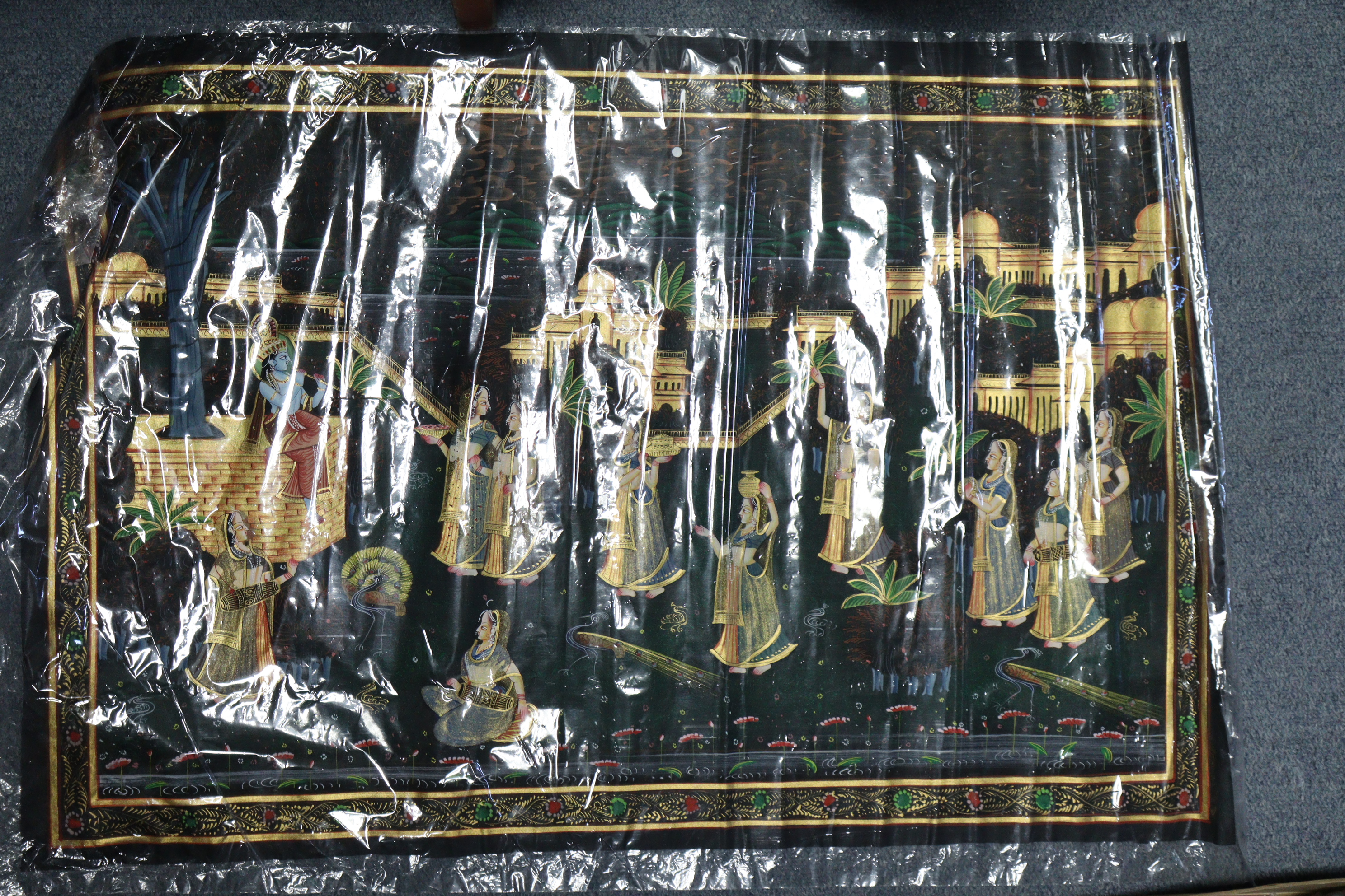 A modern Indian silk picture depicting numerous figures in a street setting, 18¾” x 27½”, - Image 3 of 3