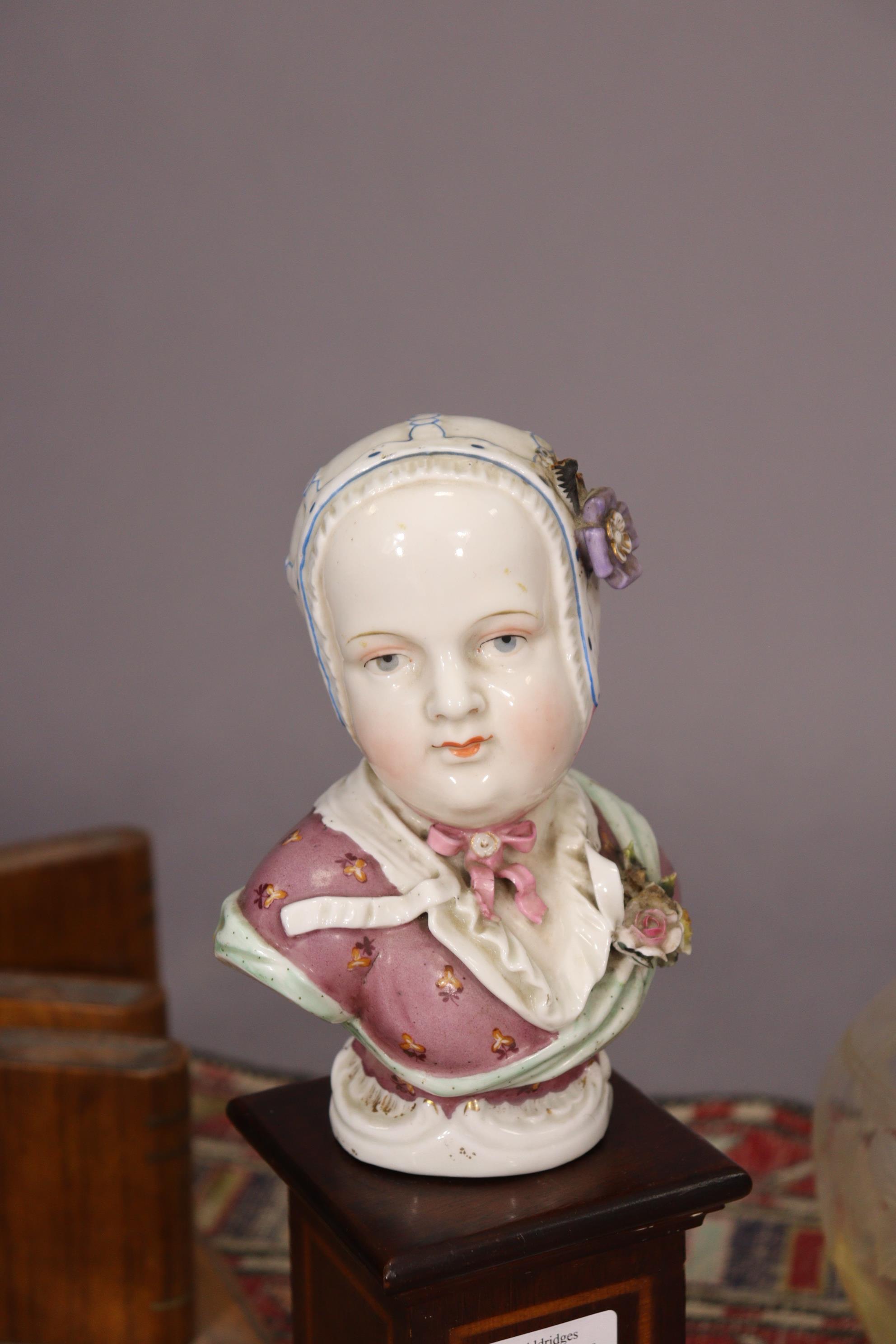 A Dresden bust of a young girl mounted on an inlaid-wooden plinth, 12” high (over-all); together - Image 3 of 10