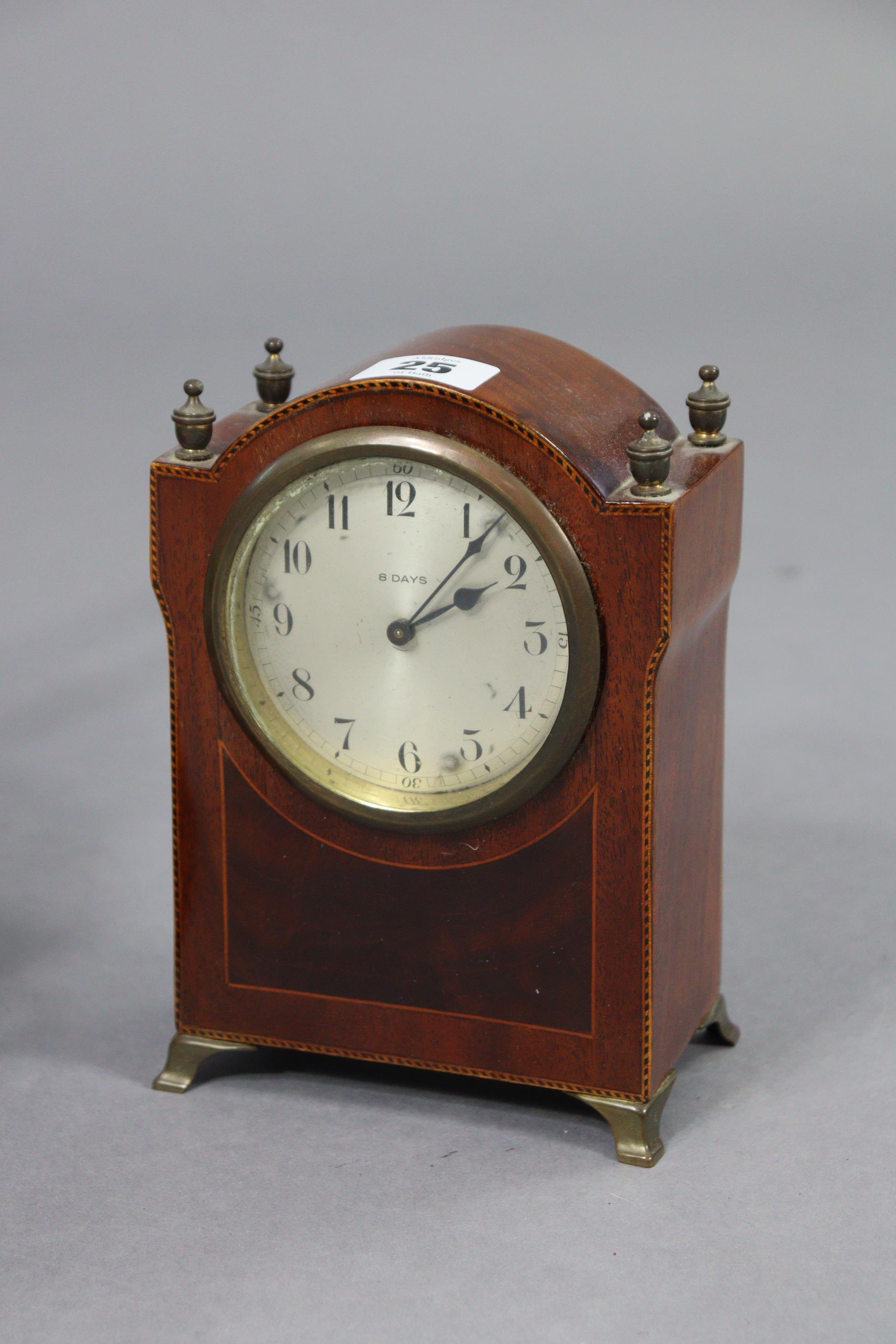 An Edwardian 8-day mantel clock in an inlaid-mahogany case, 7½” high; & a copper embossed cooking - Image 2 of 7