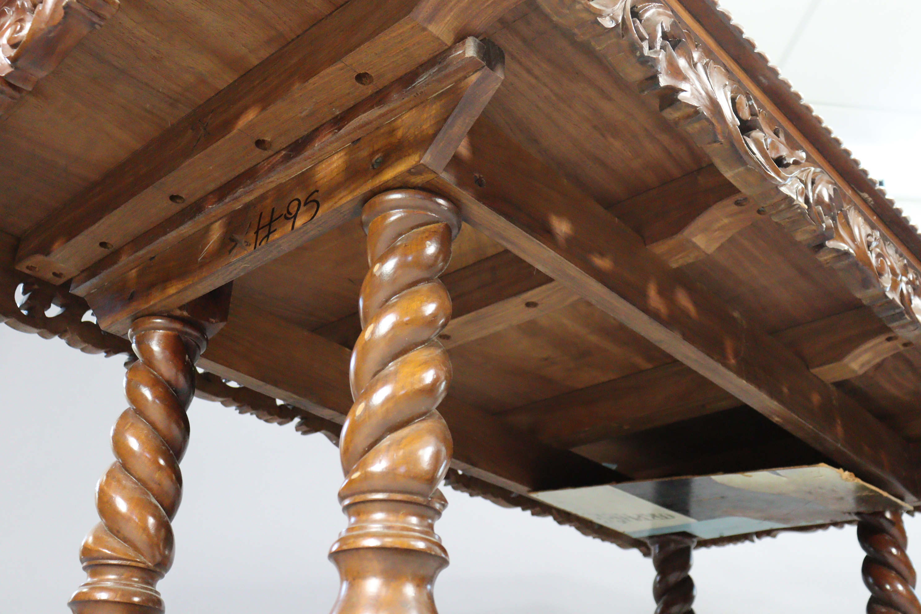 A Carolean-style dining table with a gadrooned edge to the rectangular top, having a pierced frieze, - Image 5 of 5