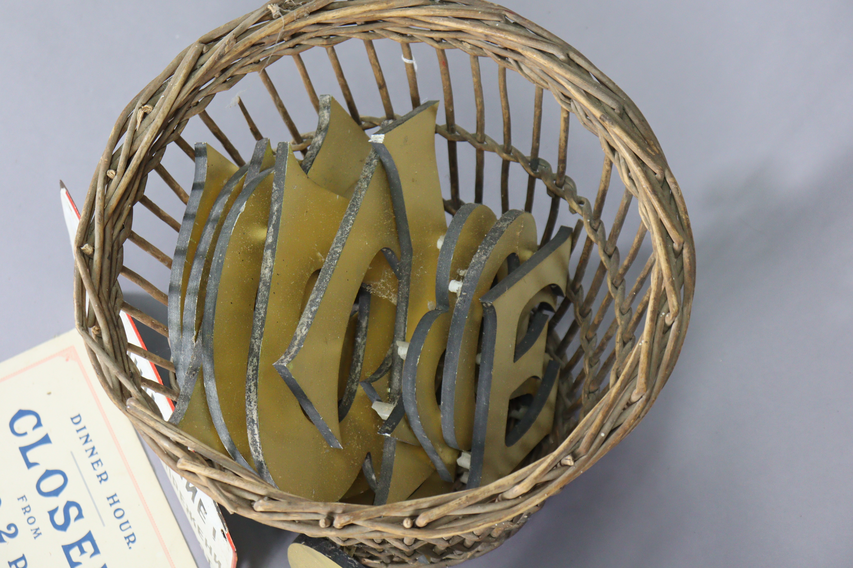 Two Russian enamelled signs; two cardboard signs; a wicker basket; & various gilt-finish letters. - Image 2 of 2
