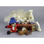Two ladies’ fans; a treen trinket box; various items of commemorative china; a Paddington bear