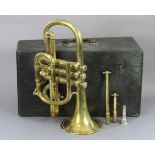 A vintage Henry Keat & Son’s of London brass cornet, 12¼” long, in an ebonised painted wooden case.