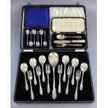 A George V silver three-piece christening set Sheffield 1935; a set of six late Victorian silver