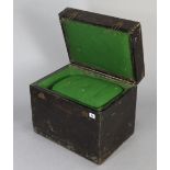 An early 20th century travelling food warmer in black painted wooden case, 17¾" wide.