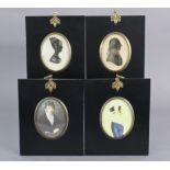Two facsimilie portrait miniatures, & two ditto silhouettes, all framed.