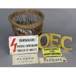 Two Russian enamelled signs; two cardboard signs; a wicker basket; & various gilt-finish letters.