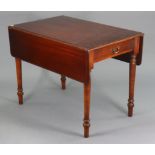 A reproduction mahogany drop-leaf dining table fitted end drawer, & on four turned & tapered legs,