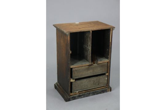 A small oak cupboard enclosed by a panel door, 17” wide x 23” high; & a pair of table lamps. - Image 4 of 7