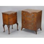 A burr-walnut small bow-front chest fitted four long drawers with brass swing handles, & on