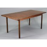 A teak rectangular extending dining table with a centre leaf, & on four square legs, 84” wide (