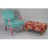 A French-style painted wooden frame elbow chair, an upholstered box-stool, 32” wide, & a mid-20th