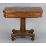 An early Victorian mahogany tea table with canted corners to the rectangular fold-over top, & on a