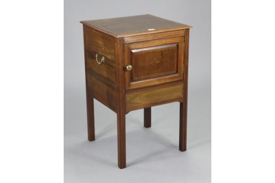 An early 20th century inlaid-mahogany bedside cupboard enclosed by a panel door, & on square legs, - Image 1 of 4