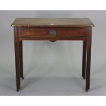 An 18th century mahogany side table fitted with a frieze drawer & on moulded square legs with brass