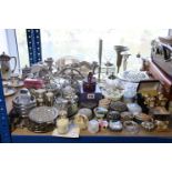 Various items of platedware & metalware; together with two fibre-covered suitcases; & a collection