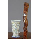 A carved wooden walking cane depicting a coiled snake, 36” high; & a continental floral decorated
