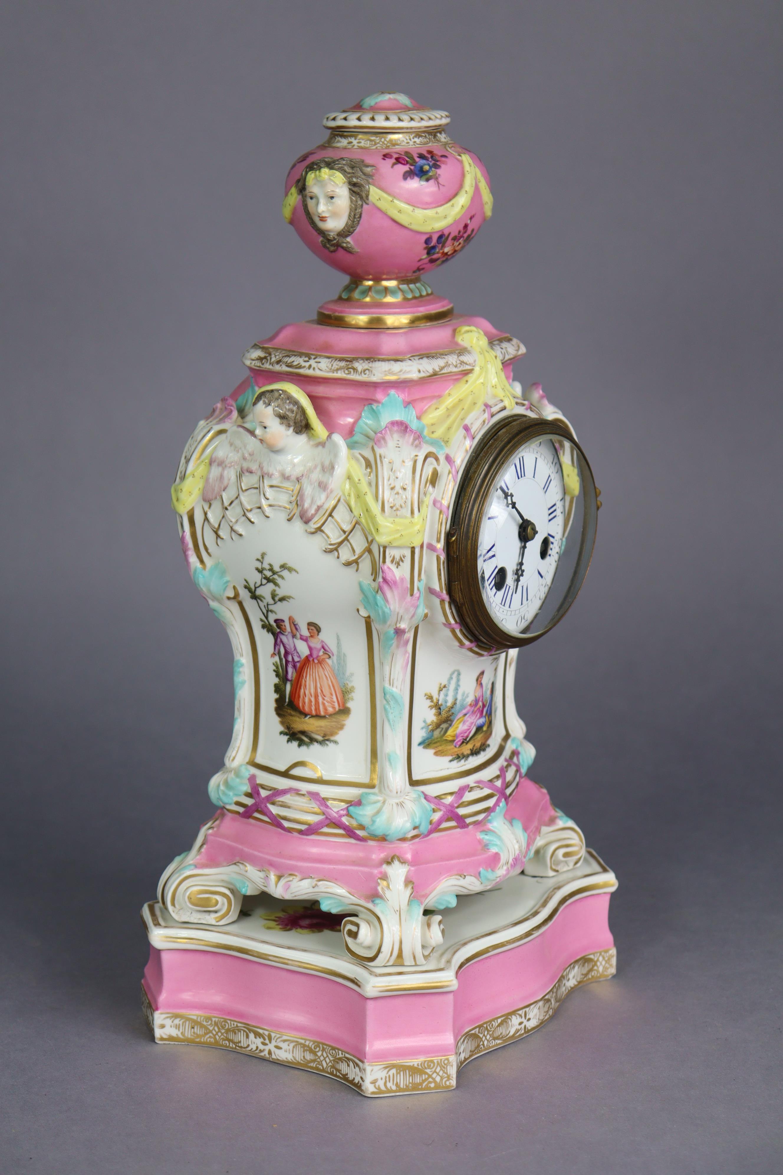 A 19th century Berlin porcelain mantel clock in pink-ground baluster form case, with urn finial & - Image 3 of 10