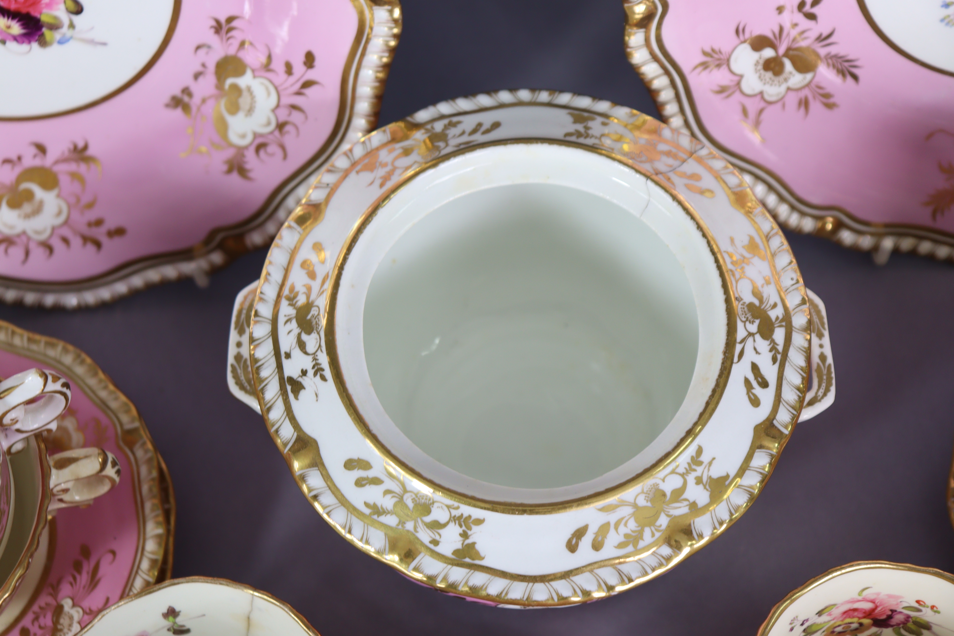 A 19th century English porcelain part tea & coffee service of pink ground with gilt banding & floral - Image 10 of 15