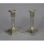 A pair of silver-plated desk candlesticks by Walker & Hall with spiral-twist columns, foliate