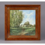 A Boulenger & Co. square pottery tile painted with a rural landscape, signed indistinctly, 9?”, in