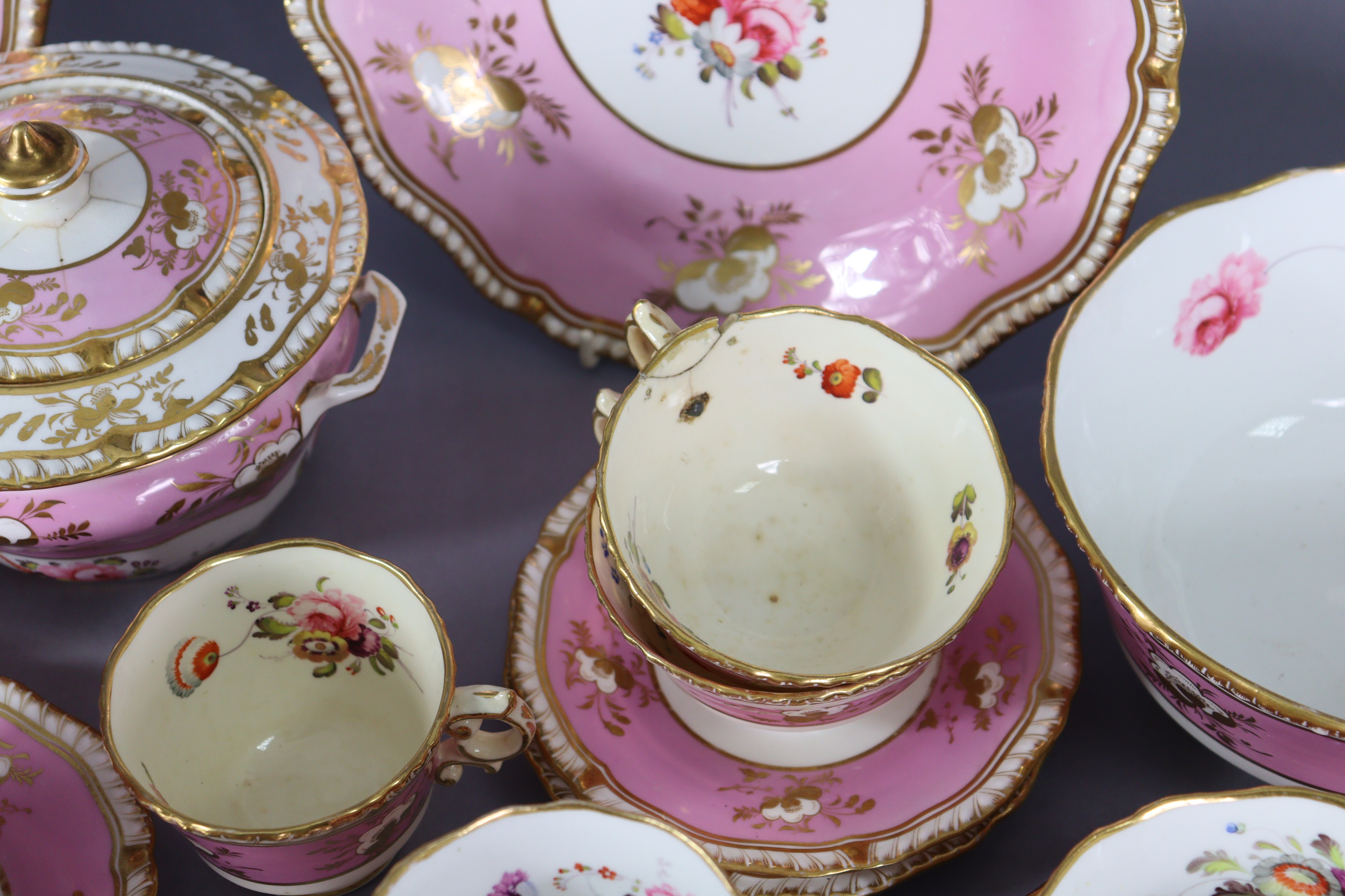 A 19th century English porcelain part tea & coffee service of pink ground with gilt banding & floral - Image 11 of 15