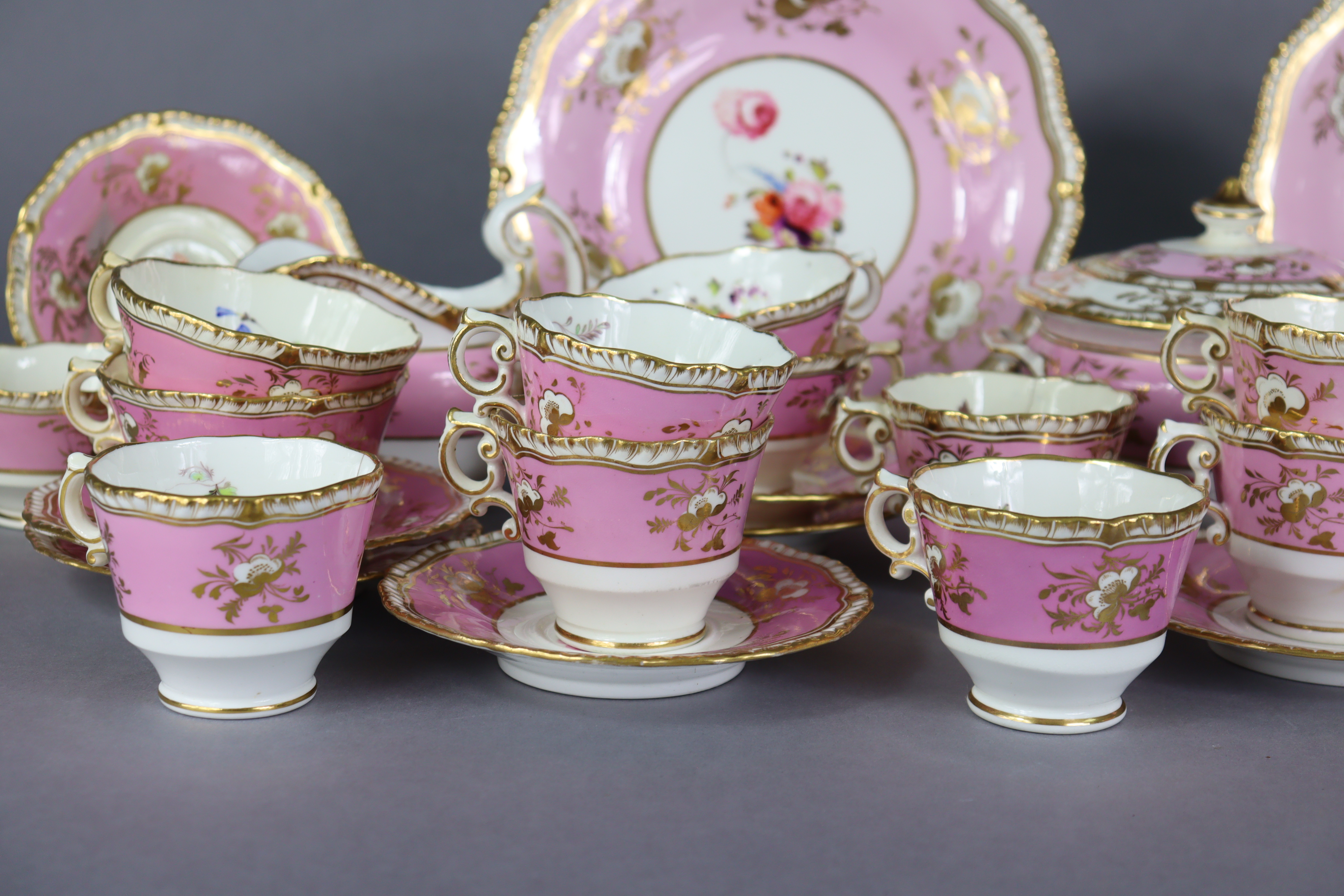 A 19th century English porcelain part tea & coffee service of pink ground with gilt banding & floral - Image 2 of 15