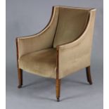 An Edwardian inlaid-mahogany armchair with down-swept arms, upholstered mushroom velour, on short