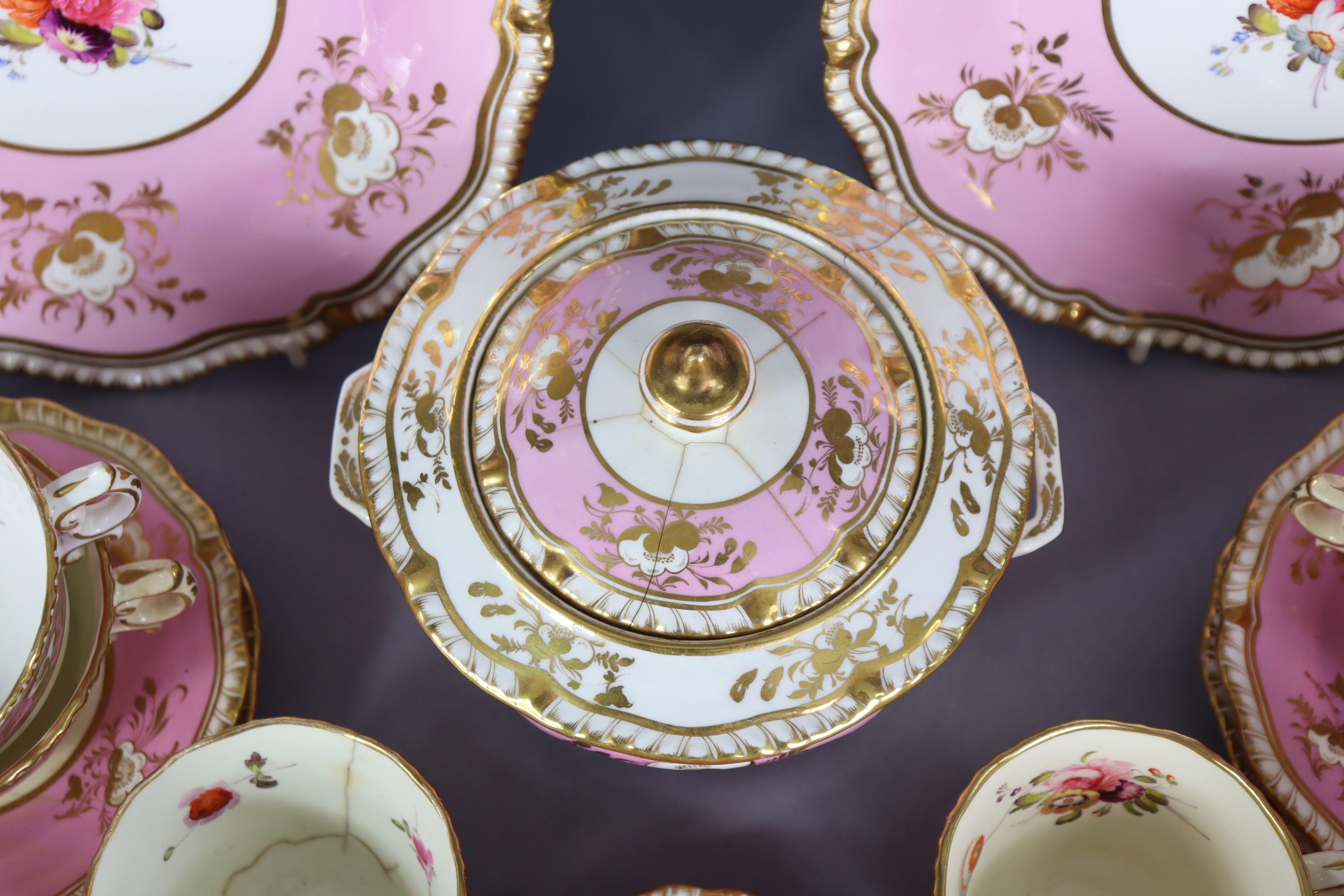 A 19th century English porcelain part tea & coffee service of pink ground with gilt banding & floral - Image 9 of 15
