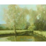 RICHARD EWEN (1928-2009). A tree-lined river landscape, Signed & dated “Ewen 1978”; oil on canvas: