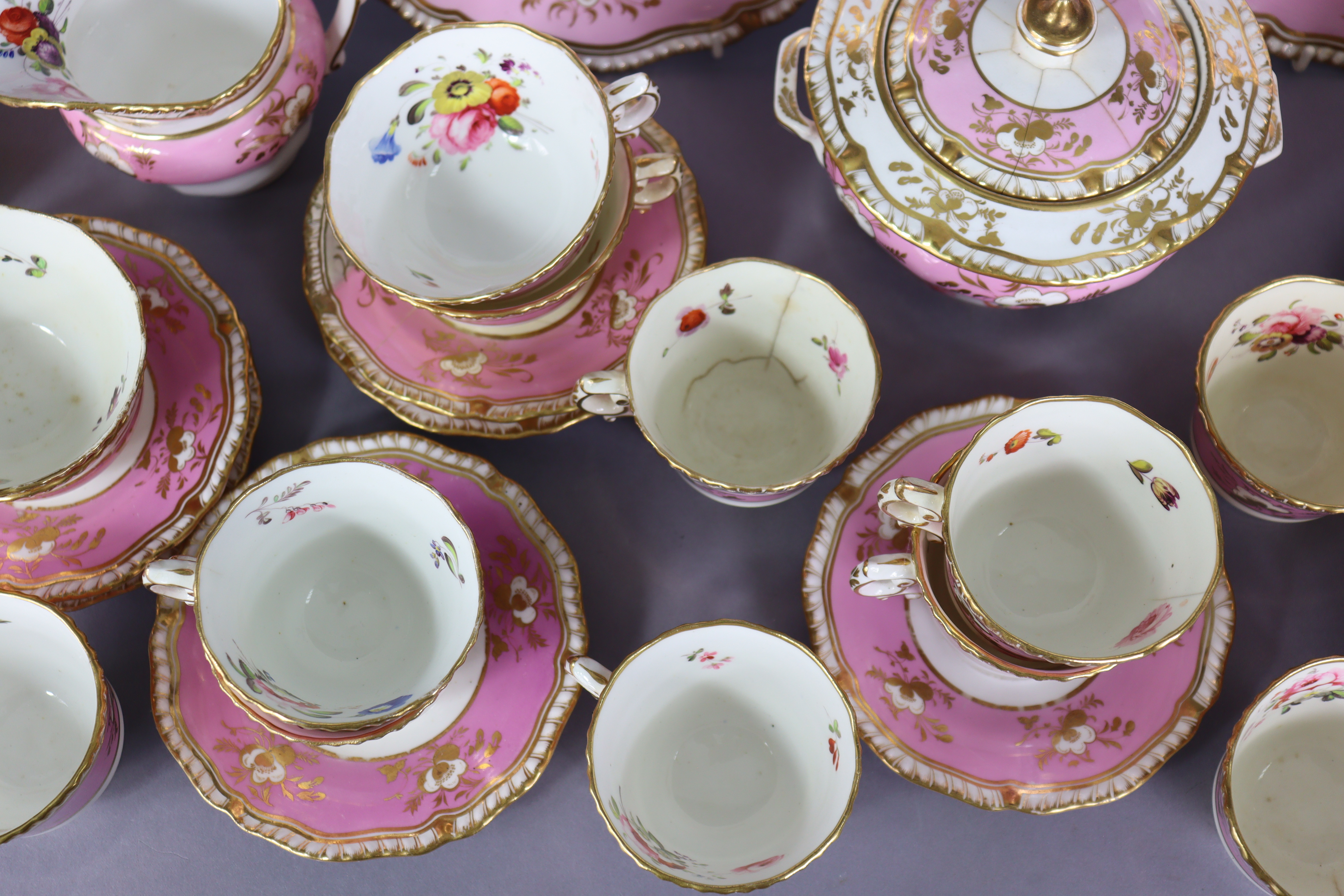 A 19th century English porcelain part tea & coffee service of pink ground with gilt banding & floral - Image 8 of 15