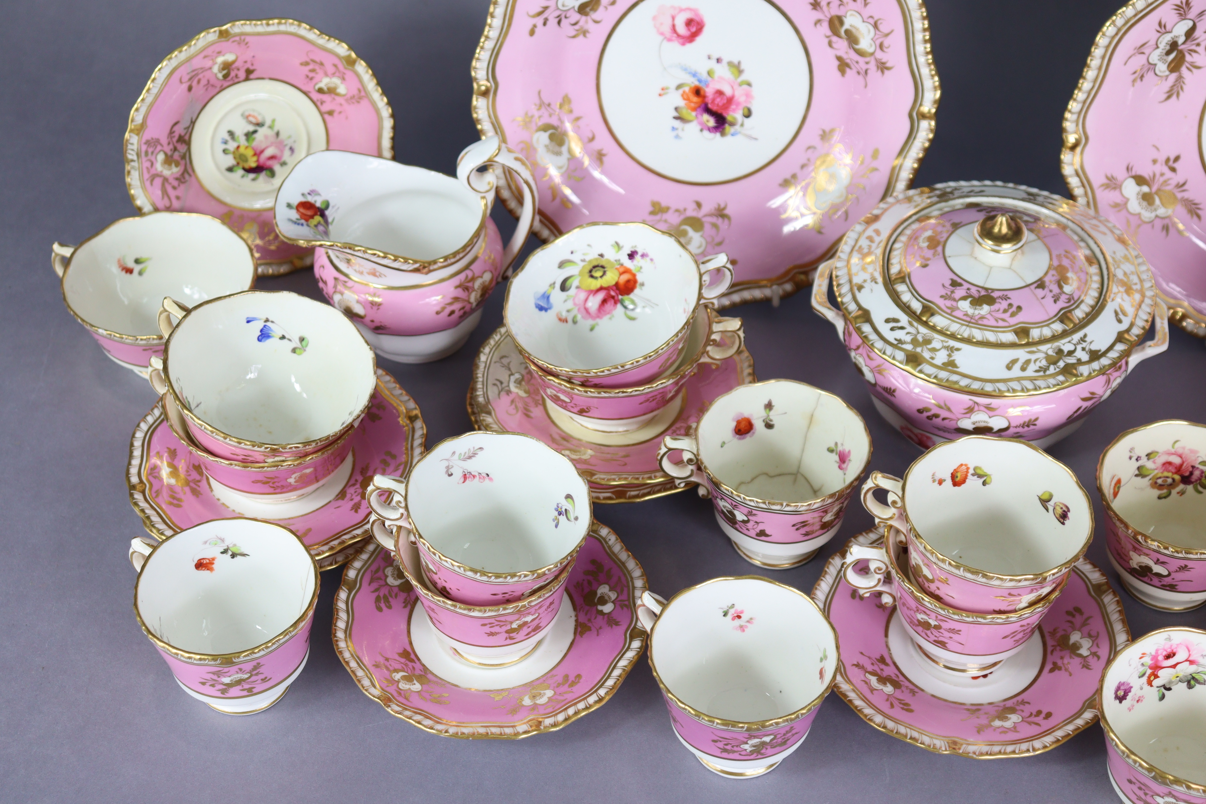 A 19th century English porcelain part tea & coffee service of pink ground with gilt banding & floral - Image 6 of 15